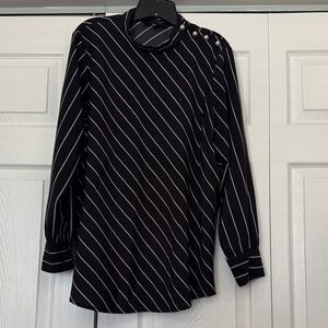 ELOQUII Black and White Striped Blouse with Button Detail